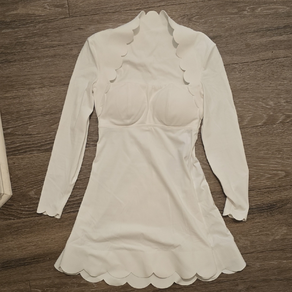 Long-Sleeve Scallop Trim Mini Dress - White